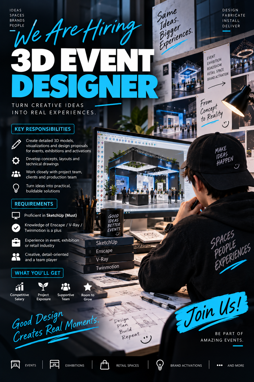 English 3D Event Designer recruitment poster